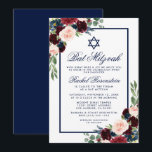 Bat mitzvah Floral Bourgogne Bleu Invitation<br><div class="desc">Carte d'invitation bat mitzvah Watercolor Burgundy Marsala Blue Floral</div>