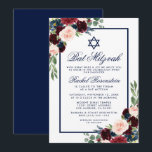 Bat mitzvah Floral Bourgogne Bleu Invitation<br><div class="desc">Carte d'invitation bat mitzvah Watercolor Burgundy Marsala Blue Floral</div>