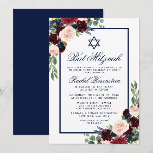 Bat mitzvah Floral Bourgogne Bleu Invitation