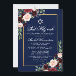 Bat mitzvah Floral Bourgogne Blue Gold Invitation<br><div class="desc">Carte d'invitation en or bat mitzvah Aquarelle Bourgogne Marsala Bleu Floral</div>