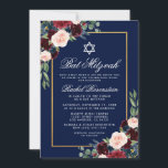 Bat mitzvah Floral Bourgogne Blue Gold Invitation<br><div class="desc">Carte d'invitation en or bat mitzvah Aquarelle Bourgogne Marsala Bleu Floral</div>