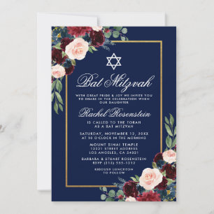 Bat mitzvah Floral Bourgogne Blue Gold Invitation