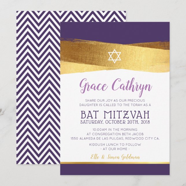 BAT MITZVAH glamour or brossé violet invitation (Devant / Derrière)