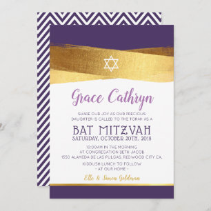 BAT MITZVAH glamour or brossé violet invitation