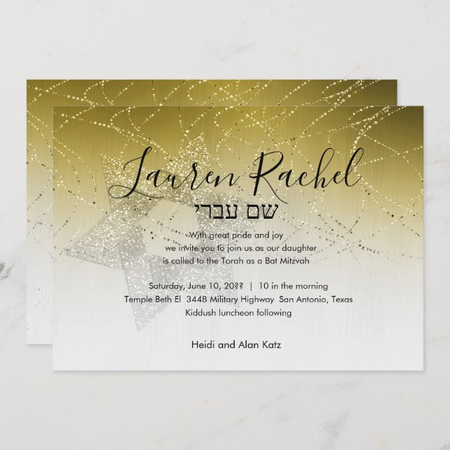 Bat mitzvah Gold Star de David Glittery Invitation (Devant / Derrière)