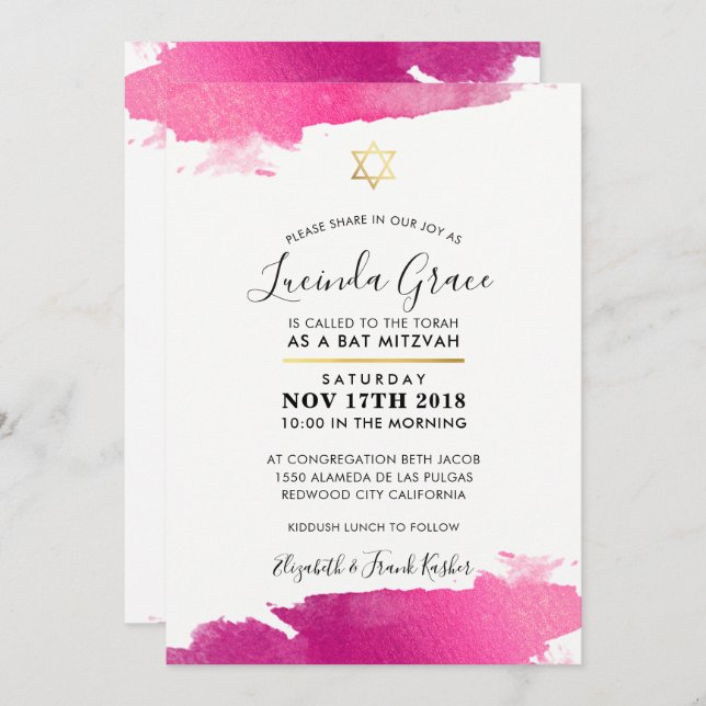 BAT MITZVAH INVITATION moderne doré doré rose noir (Devant / Derrière)