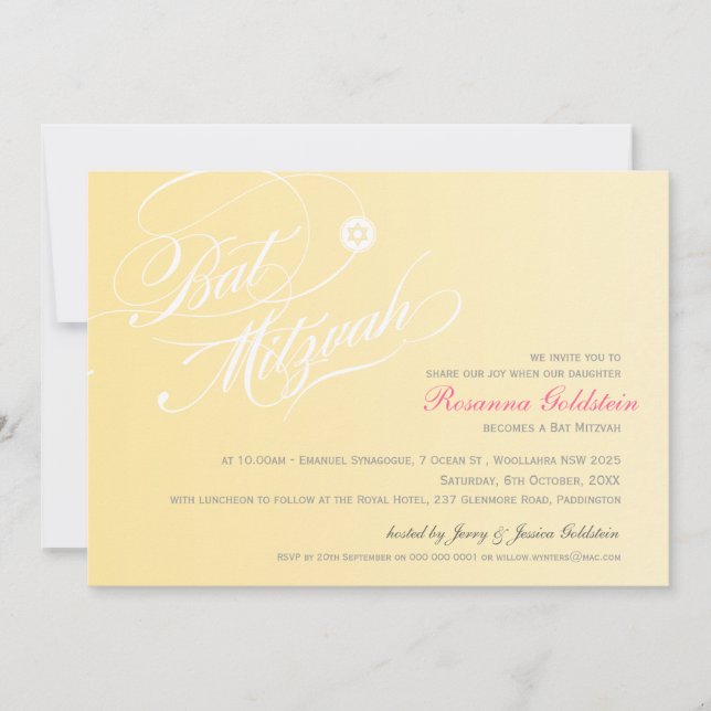 BAT MITZVAH INVITATION style typographie ombre jau (Devant)