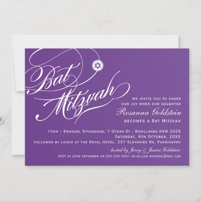 BAT MITZVAH INVITATION style typographie ombre vio (Devant)