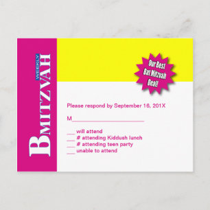 Bat mitzvah Magaine RSVP Carte de réponse rose jau