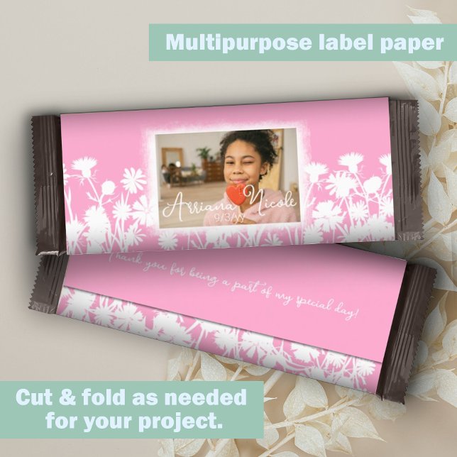 Bat mitzvah rose blanc Floral Barre de bonbons (Pink, white botanical wild flowers bat mitzvah personalized chocolate bar wrapper DIY cheap budget)