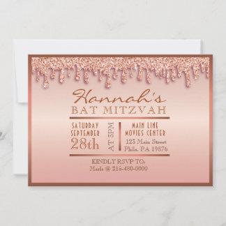 Bat mitzvah rose Gold Sparkle Drippy  Invitation
