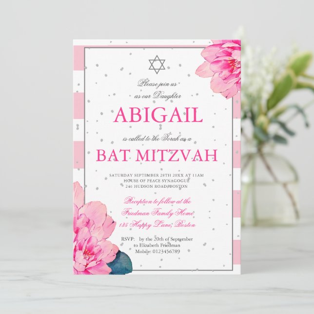 Bat mitzvah Rose Roses Hébreu Argent Invitation (Debout devant)