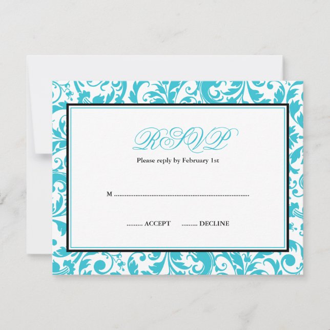 Bat mitzvah RSVP turquoise et noir Swirl Damask (Devant)