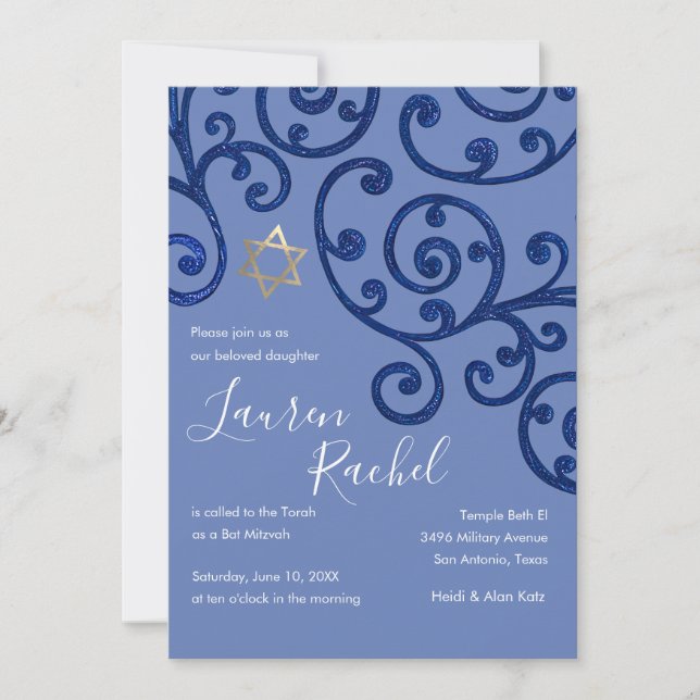 Bat mitzvah Scroll Motif Blue Invitation (Devant)