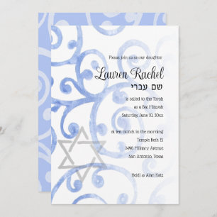 Bat mitzvah Scroll Motif Blue Invitation