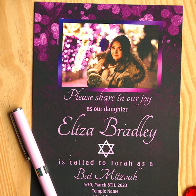 Bat mitzvah violet, violet Invitation avec étoile  (Pink and dark purple bat mitzvah invitation with star of david and photo)