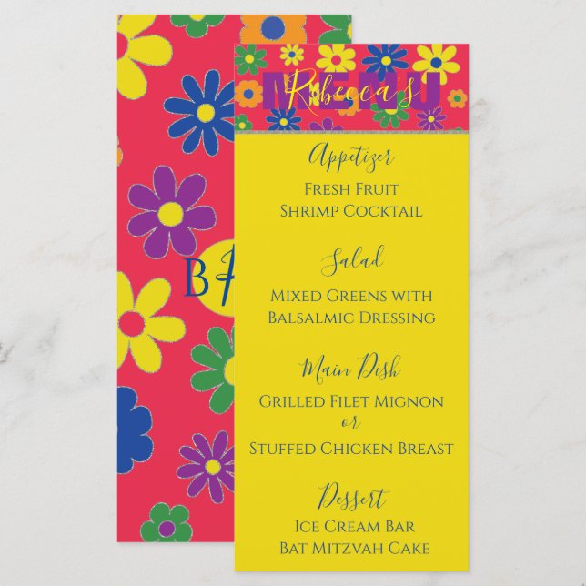 Bat ou Bar Mitzvah Elégant menu de nourriture fleu (Devant / Derrière)