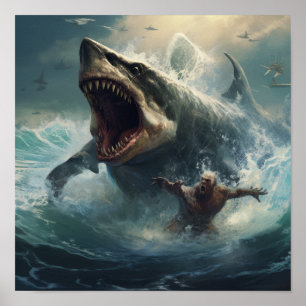Bataille épique : Poster Megalodon vs T-Rex - Décl