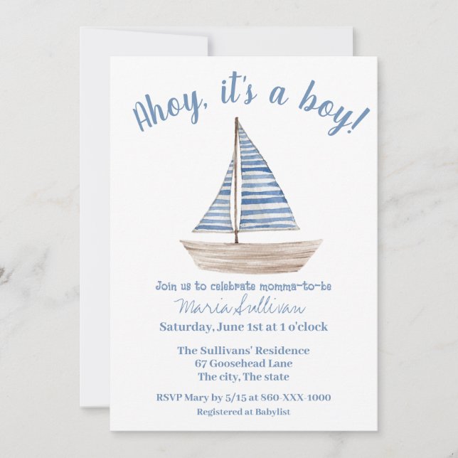 BATEAU À VOILE BÉBÉ GARÇON Douche Invitation (Devant)