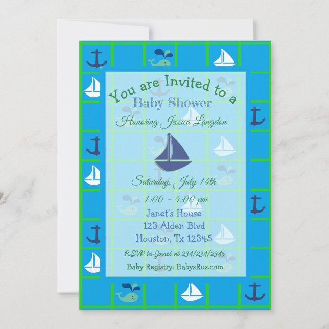 Bateau à voile bleu et vert Invitations thématique (Devant)