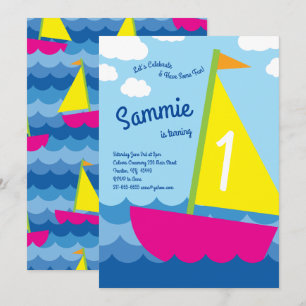 Bateau à voile coloré 1er anniversaire Invitations