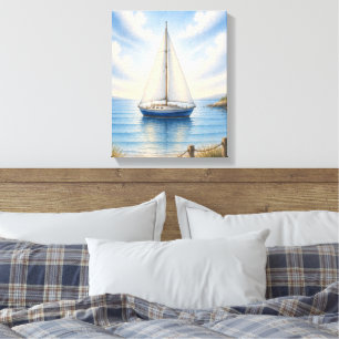 Bateau à voile côtier toile tendue sur cadre mural