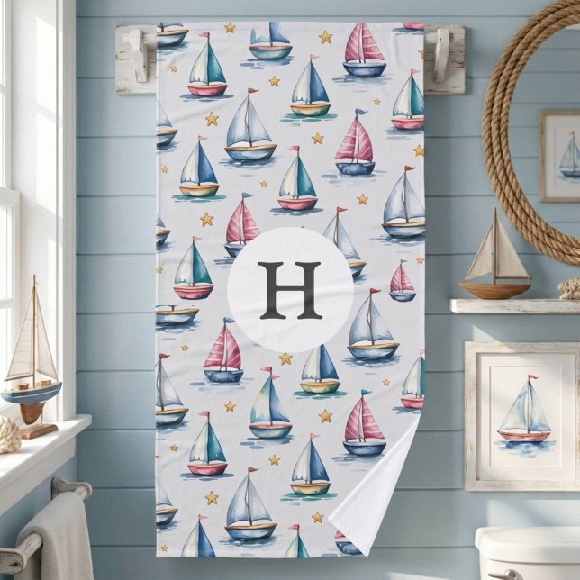 Bateau à voile et nom d'enfants aquarelle mignon (Créateur téléchargé)