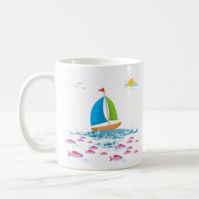 Bateau à voile et poisson rouge Café Mug (Gauche)