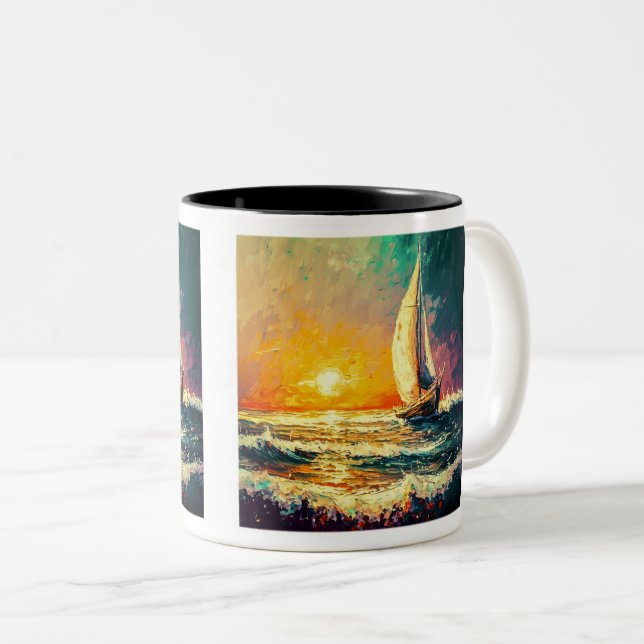 Bateau à voile peint Mug à deux tons, 11 oz (Devant droit)