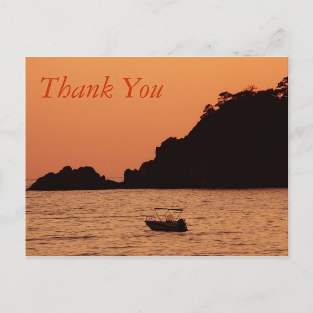 bateau orange en mer carte postale merci (Devant)
