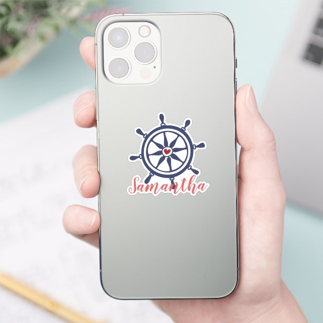 Bateau Sea Life Roue Navy Blue Red Name Sticker (Téléphone)