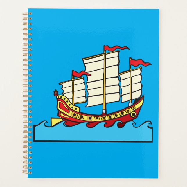 Bateau traditionnel rouge chinois sur vagues bleue (Devant)