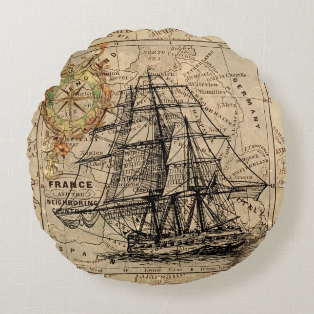 Bateau vintage Et Carte Coussin Rond (Devant)
