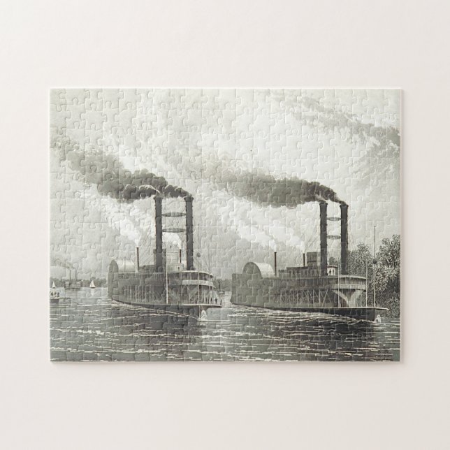 Bateaux à vapeur vintages sur un puzzle fluvial (Horizontal)