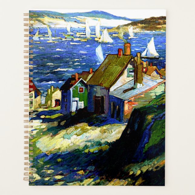 Bateaux à voile au port, peinture d'art (Devant)