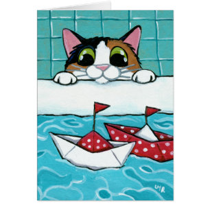 Bateaux à voile de papier - carte d'art de chat d