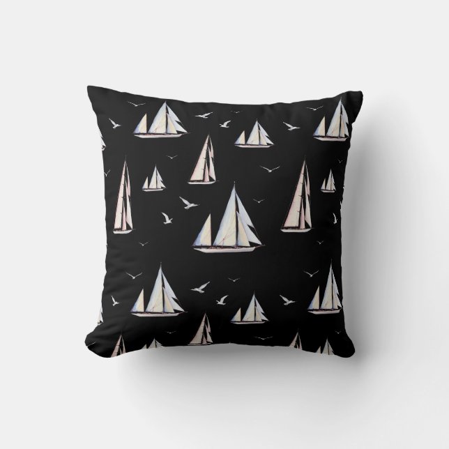 Bateaux à voile et mouettes sur oreiller à jet noi (Recto)