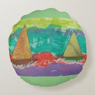 Bateaux à voile sur Coussin rond d'eau violet