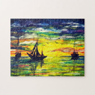 Bateaux Au Coucher Du Soleil Puzzle - Peinture