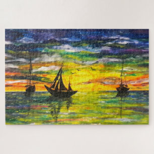 Bateaux Au Puzzle Coucher Du Soleil - Peinture