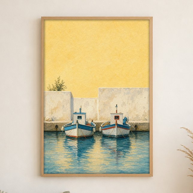 Bateaux de pêche dans un tout petit port Affiche a (Shown framed for scale. Poster ships unframed; frames are an optional add-on.)