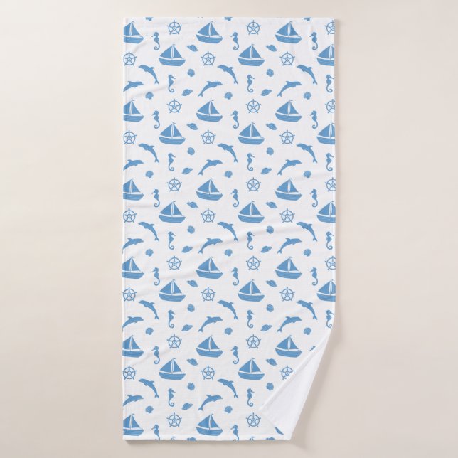 Bateaux et dauphins Motif nautique Bleu blanc (Serviette de bain)