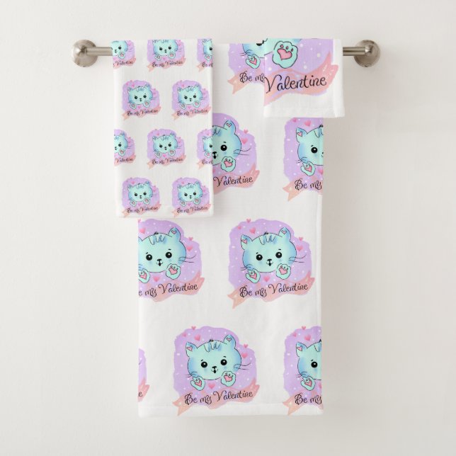 Bathroom Towel Sets Valentine's Day Cat Be Mine (En situation)