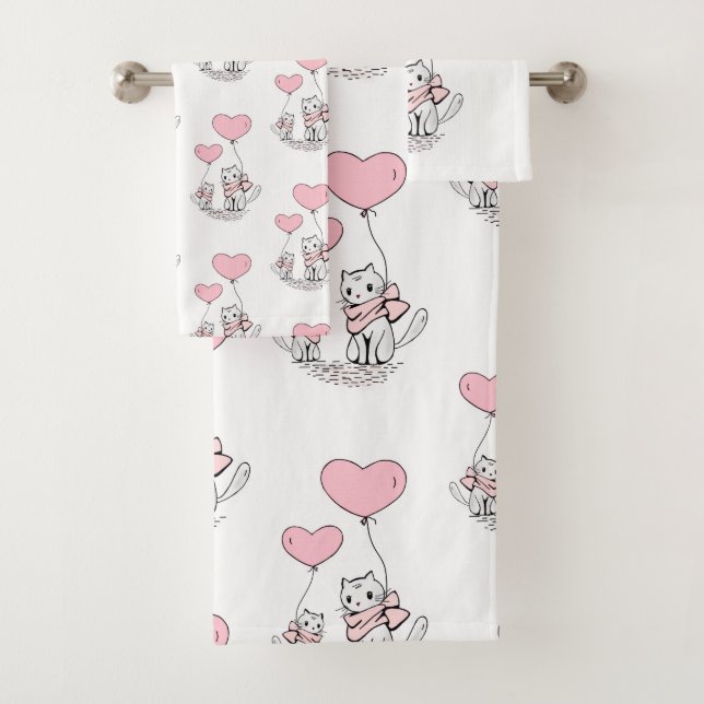 Bathroom Towel Sets Valentine's Day Cat Pink Heart (En situation)
