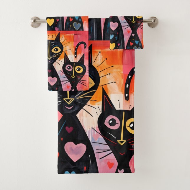 Bathroom Towel Sets Valentine's Day Cat Red Heart (En situation)