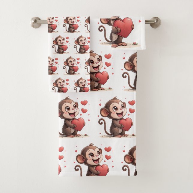 Bathroom Towel Sets Valentine's Monkey Red Heart (En situation)