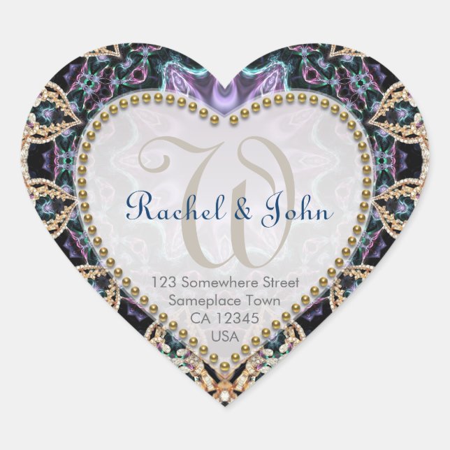 Batik Bleu Or Amour Monogramme Stickers de mariage (Devant)