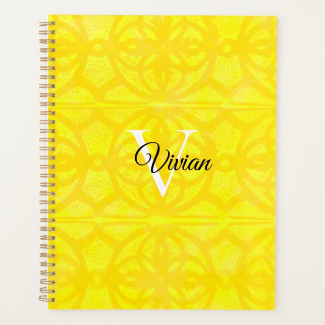 Batik jaune vif Élégant Monogramme Nom Planificate (Devant)