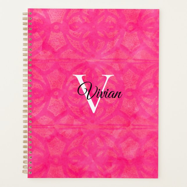 Batik rose vif Élégant Monogramme Nom Planificateu (Devant)