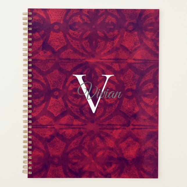 Batik rouge profond Élégant Monogramme Nom Planifi (Devant)
